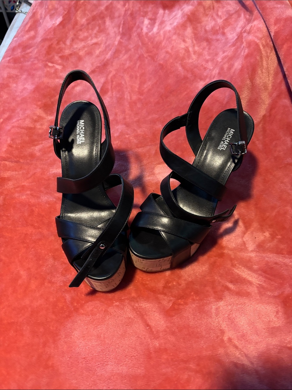 Michael Kors Black Leather Cork Platform Wedge Sandals